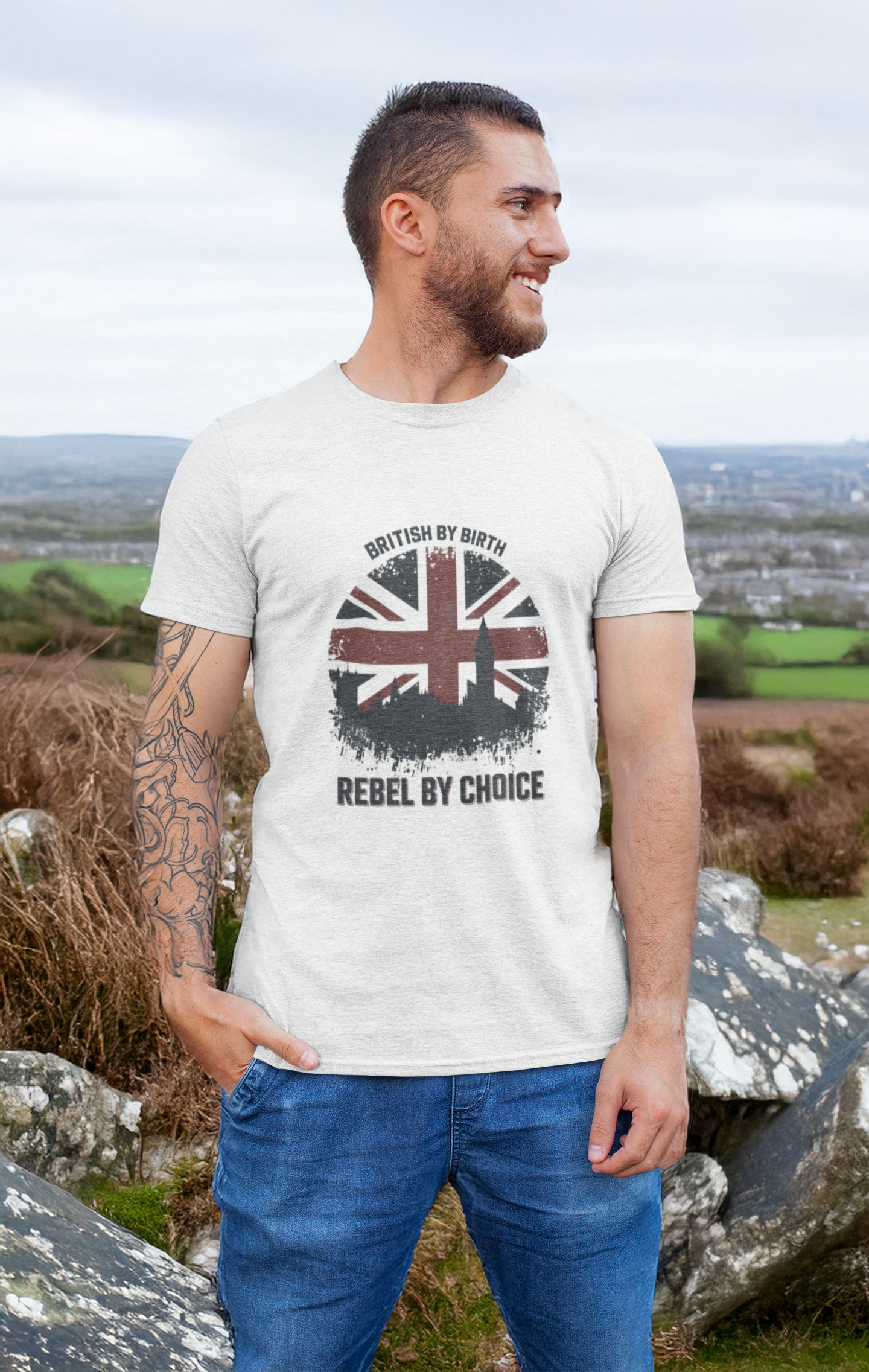 BRITISH BY BIRTH, REBEL BY CHOICE UNISEX TSHIRT